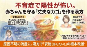 不育症で陽性判定が出た後の恐怖や、原因不明の流産にお悩みの方へ向けた記事のサムネイル。中央には赤ちゃんを安全に守る太く丈夫な『安胎（あんたい）のカゴ』とフカフカの子宮内膜（ベッド）を描いています。左側の冷たい影には『またダメかも』と涙を流す女性や解けかけたもろい糸を配置して不安に寄り添い、右側の温かい光には漢方で育む力をつけ、笑顔を取り戻した女性を描いて根本改善の希望を表現しています。