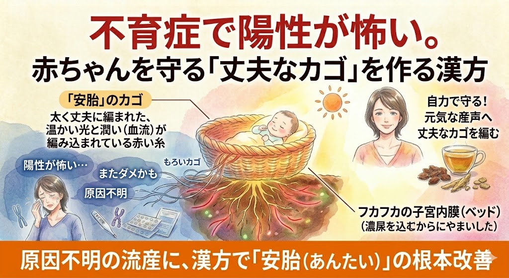 不育症で陽性判定が出た後の恐怖や、原因不明の流産にお悩みの方へ向けた記事のサムネイル。中央には赤ちゃんを安全に守る太く丈夫な『安胎（あんたい）のカゴ』とフカフカの子宮内膜（ベッド）を描いています。左側の冷たい影には『またダメかも』と涙を流す女性や解けかけたもろい糸を配置して不安に寄り添い、右側の温かい光には漢方で育む力をつけ、笑顔を取り戻した女性を描いて根本改善の希望を表現しています。