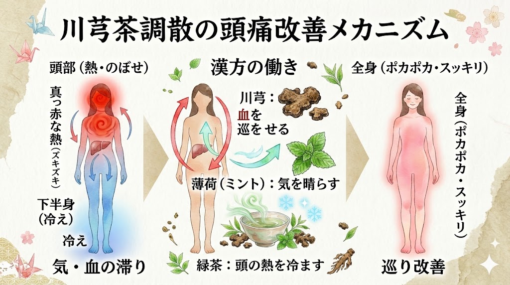 川芎茶調散が頭痛を改善するメカニズムの図解。気や血が滞って頭に熱がこもり下半身が冷えた状態から、川芎・薄荷(ミント)・緑茶の働きによって巡りが改善し、全身がポカポカ・スッキリするまでの変化を3ステップで表しています。