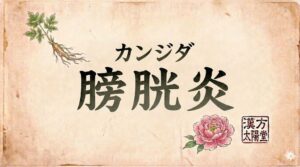 和紙の質感を持つ背景の上部中央に、小さく「カンジダ」、その下に大きく力強い筆文字で「膀胱炎」と書かれたサムネイル画像。左上には高麗人参を思わせる植物の根と葉のイラスト、右下にはピンク色の牡丹（芍薬）の花のイラストと、「漢方 太陽堂」の赤い落款印が配置されている。