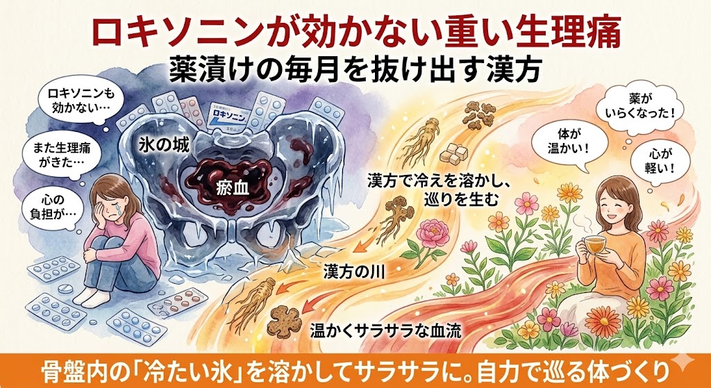 薬が効かない重い生理痛に対する漢方の効果を解説する図解イラスト。冷え切った骨盤内（氷の城）が漢方の力で温められ、血流が改善して女性が笑顔を取り戻すまでの過程が描かれています。