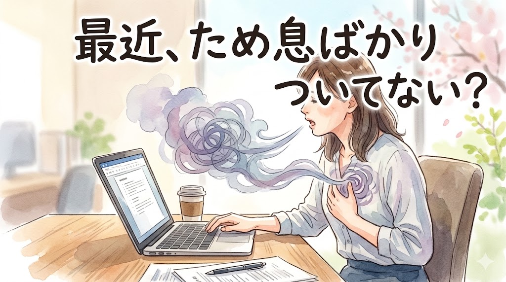 デスクでパソコン作業をしながら、無意識に「はぁ…」と大きなため息をついている女性のイラスト。胸のあたりにモヤモヤとしたものが詰まっている表現。「最近、ため息ばかりついてない？」の文字。
