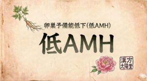 和紙の質感を持つ背景の上部中央に、小さく「卵巣予備能低下(低AMH)」、その下に大きく力強い筆文字で「低AMH」と書かれたサムネイル画像。左上には高麗人参を思わせる植物の根と葉のイラスト、右下にはピンク色の牡丹（芍薬）の花のイラストと、「漢方 太陽堂」の赤い落款印が配置されている。