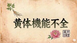 古びた和紙のような質感の背景の画像。左上に高麗人参の写実的なイラスト、右下にピンク色の芍薬（シャクヤク）の写実的なイラストがある。中央には、力強い黒の筆文字で「黄体機能不全」という日本語が書かれている。芍薬の右には、赤い落款印があり、その中に「漢方」「太陽堂」という文字が刻まれている。
