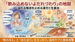 「飲み込めないよだれづわり」を漢方と生姜水で根本改善。胃の冷えと水毒（水たまり）を温め、捌いて溢れる唾液をスッキリさせる、太陽堂のコラム用サムネイル画像。