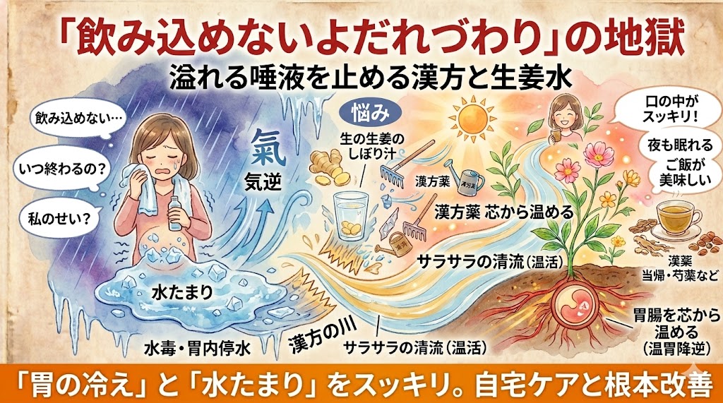 「飲み込めないよだれづわり」を漢方と生姜水で根本改善。胃の冷えと水毒（水たまり）を温め、捌いて溢れる唾液をスッキリさせる、太陽堂のコラム用サムネイル画像。