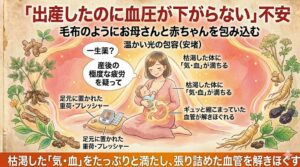 「産後高血圧」の不安を持つお母さんへ。出産で枯渇した「気・血」を満たし、血管を解きほぐす漢方のアプローチを、授乳する母親が温かい光に包まれるイラストとテキストで解説するインフォグラフィック。足元の血圧計と薬（重荷）から解放され、安堵する瞬間を描いています。太陽堂。