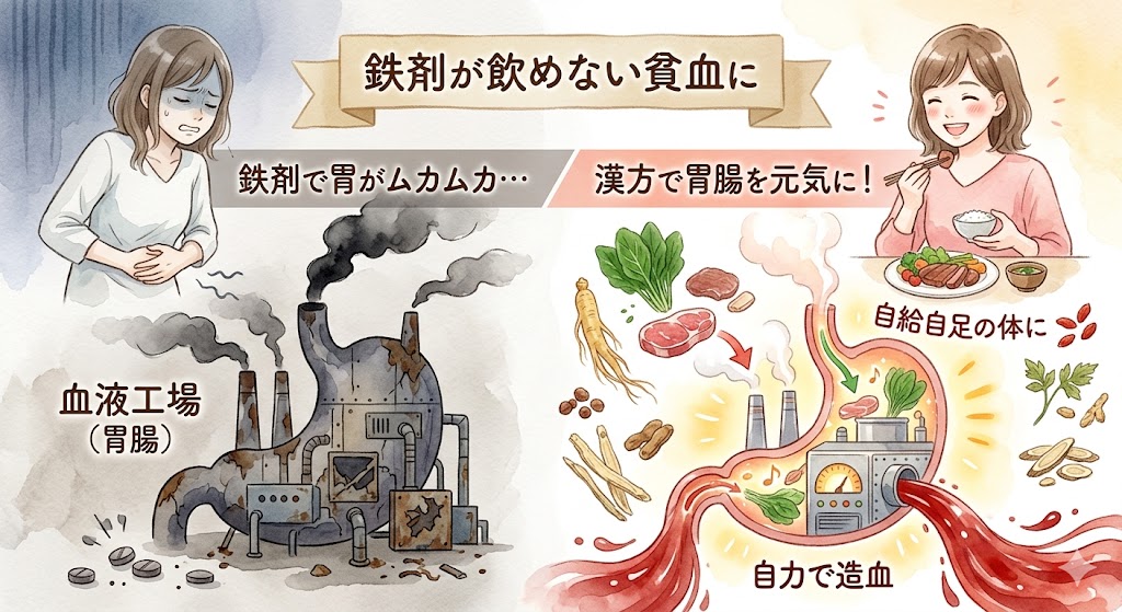 鉄剤の副作用（胃もたれ・吐き気）で悩む貧血の女性が、漢方で胃腸を元気にし、食事から自力で血を造れる健康的な「自給足の体」へと変わる様子を描いた、水彩画風のブログサムネイル。左側の苦しむ女性と錆びた「血液工場」に対し、右側の笑顔で食事を楽しむ女性と明るく稼働する「血液工場」を対比している。