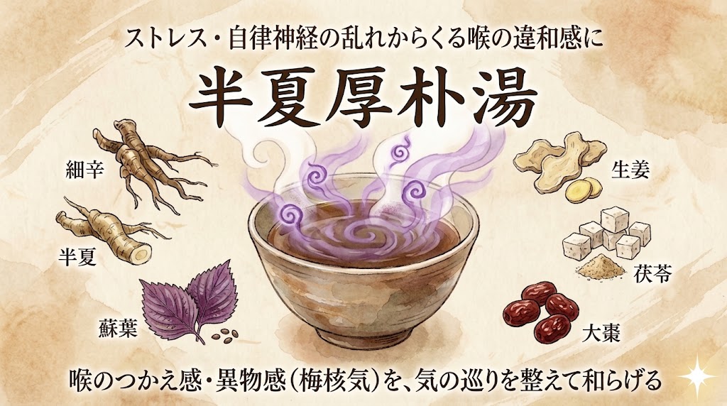 ストレスや自律神経の乱れからくる喉の違和感（梅核気）に向けた漢方薬「半夏厚朴湯（はんげこうぼくとう）」のアイキャッチ画像。中央の器から立ち上る紫色の湯気で「気の巡り」が整う様子を表現し、周りには蘇葉（シソの葉）や半夏などの構成生薬が温かみのある水彩画タッチで描かれています。