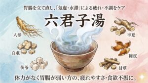 和紙のようなテクスチャ背景と、上部から下部へ青からピンクへの滑らかなグラデーションを背景に、清潔感とリラックス感のある和風水彩画調のイラストで描かれた、漢方薬「六君子湯」の解説サムネイル。中央には、暗色の液体が注がれた伝統的な和風の陶器製の器があり、そこから5本の強力な steam vortexes（湯気）が渦を巻いて立ち上っている。器の上部には、小さなフォントで「胃腸を立て直し、「気虚・水滞」による疲れ・不調をケア」というキャッチコピーが、同じフォント、スタイル、位置で配置されている。器の下部には、大きく力強い毛筆体で「六君子湯」という文字が配置されている。器の周囲には、六君子湯を構成する代表的な6生薬（人参、白朮、茯苓、半夏、陳皮、甘草）が、和風の水彩画調イラストで詳細にクローズアップして配置され、それぞれの名称は提供された画像と同じフォント、スタイルで正確に配置されている。配置は以下の通り。左上：和風イラスト「人参」、テキスト「人参」。左中：和風イラスト「白朮」、テキスト「白朮」。左下：和風イラスト「茯苓」、テキスト「茯苓」。右上：和風イラスト「半夏」、テキスト「半夏」。右中：和風イラスト「陳皮」、テキスト「陳皮」。右下：和風イラスト「甘草」、テキスト「甘草」。器のさらに下部中央には、大きなフォントで「体力がなく胃腸が弱い方の、疲れやすさ・食欲不振に。」というキャッチコピーが配置されている。全てのテキストは提供されたものと正確に同じで、右下には小さな光の星が配置されている。全体の印象は強力で詳細、かつ和風の水彩画スタイルを維持し、清洁感とリラックス感を与える。