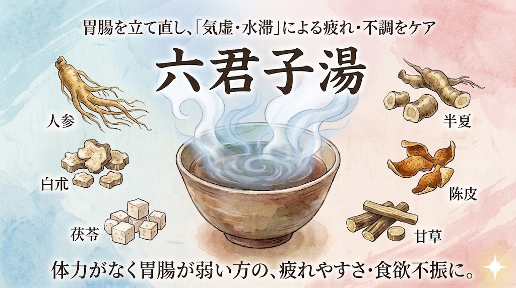 和紙のようなテクスチャ背景と、上部から下部へ青からピンクへの滑らかなグラデーションを背景に、清潔感とリラックス感のある和風水彩画調のイラストで描かれた、漢方薬「六君子湯」の解説サムネイル。中央には、暗色の液体が注がれた伝統的な和風の陶器製の器があり、そこから5本の強力な steam vortexes（湯気）が渦を巻いて立ち上っている。器の上部には、小さなフォントで「胃腸を立て直し、「気虚・水滞」による疲れ・不調をケア」というキャッチコピーが、同じフォント、スタイル、位置で配置されている。器の下部には、大きく力強い毛筆体で「六君子湯」という文字が配置されている。器の周囲には、六君子湯を構成する代表的な6生薬（人参、白朮、茯苓、半夏、陳皮、甘草）が、和風の水彩画調イラストで詳細にクローズアップして配置され、それぞれの名称は提供された画像と同じフォント、スタイルで正確に配置されている。配置は以下の通り。左上：和風イラスト「人参」、テキスト「人参」。左中：和風イラスト「白朮」、テキスト「白朮」。左下：和風イラスト「茯苓」、テキスト「茯苓」。右上：和風イラスト「半夏」、テキスト「半夏」。右中：和風イラスト「陳皮」、テキスト「陳皮」。右下：和風イラスト「甘草」、テキスト「甘草」。器のさらに下部中央には、大きなフォントで「体力がなく胃腸が弱い方の、疲れやすさ・食欲不振に。」というキャッチコピーが配置されている。全てのテキストは提供されたものと正確に同じで、右下には小さな光の星が配置されている。全体の印象は強力で詳細、かつ和風の水彩画スタイルを維持し、清洁感とリラックス感を与える。