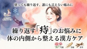 繰り返す「痔」のお悩みに、体の内側から整える漢方ケアを提案するアイキャッチ画像。和紙のテクスチャ背景は、冷えと滞りの青紫から、温まりと巡りのコーラルピンクへとグラデーションしています。中央には、冷えから解放され、ホッとした笑顔を浮かべる日本人女性が描かれ、その近くで温かい湯気の立つ漢方薬の器が周囲を優しく温めています。画面中央左には「デスクワーク（座りっぱなし）」と「雪の結晶（冷え）」の小さなアイコンと、滞った血流を表す濁った紫色の矢印が、痔の原因として描かれています。画面下部には、乙字湯や桂枝茯苓丸などの漢方薬を連想させる、芍薬、当帰、甘草などの繊細な生薬イラストが添えられています。上部には「塗っても繰り返す、誰にも言えない痛みに」というキャッチコピーがあります。