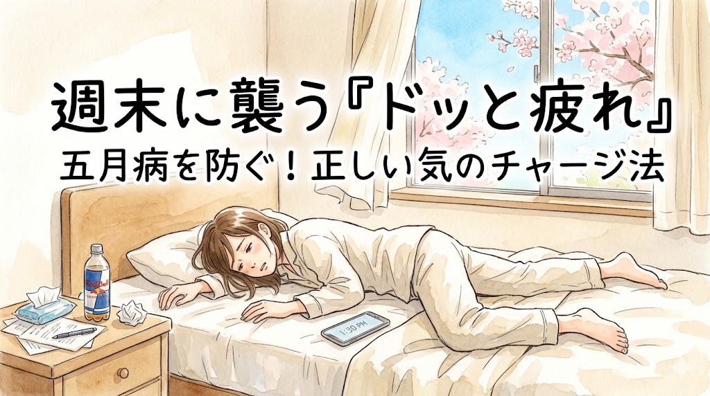 「週末に襲う『ドッと疲れ』五月病を防ぐ!正しい気のチャージ法」というタイトル文字。4月の週末、満開の桜が咲く窓の外とは対照的に、薄暗い寝室でパジャマ姿のままベッドにうつ伏せに倒れ込み、ぐったりと力尽きている女性の水彩イラスト。ベッドの横には栄養ドリンクやスマホ、脱ぎ捨てた服が散乱している。