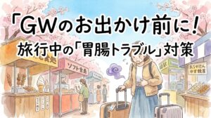 「GWのお出かけ前に！」旅行中の「胃腸トラブル」対策というタイトル文字。満開の桜が咲く春の観光地で、キャリーケースを持った女性がたくさんのご当地グルメを前にしながらも、胃を押さえて少し困った、または苦しいような表情をしている水彩イラスト。胃からはモヤモヤとした紫色の「胃もたれ・食滞」の渦が薄く立ち上っている。右下に「漢方薬局 太陽堂」のロゴ。