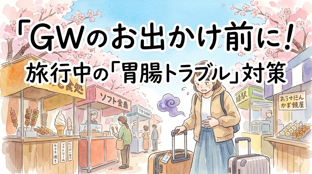 「GWのお出かけ前に！」旅行中の「胃腸トラブル」対策というタイトル文字。満開の桜が咲く春の観光地で、キャリーケースを持った女性がたくさんのご当地グルメを前にしながらも、胃を押さえて少し困った、または苦しいような表情をしている水彩イラスト。胃からはモヤモヤとした紫色の「胃もたれ・食滞」の渦が薄く立ち上っている。右下に「漢方薬局 太陽堂」のロゴ。