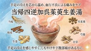 和風水彩画調で描かれた漢方薬「当帰四逆加呉茱萸生姜湯」の解説イラスト。湯気の立つ煎じ薬の器を囲むように、体を温める構成生薬（当帰、桂皮、呉茱萸など）のイラストと名称が配置され、手足の冷えや痛みのケアといった効能が説明されている。