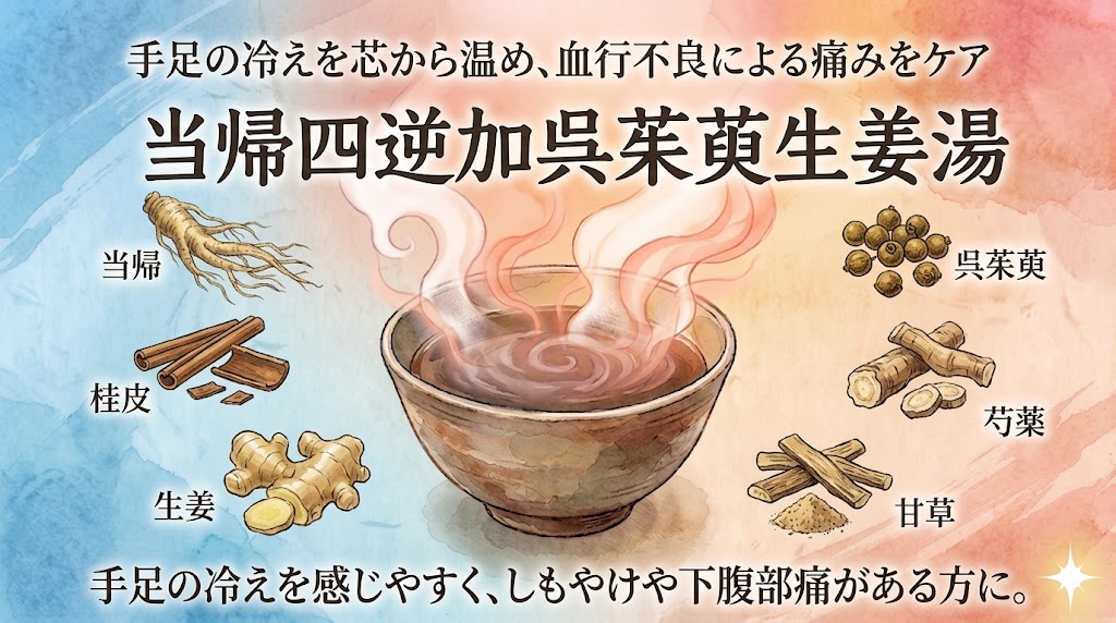和風水彩画調で描かれた漢方薬「当帰四逆加呉茱萸生姜湯」の解説イラスト。湯気の立つ煎じ薬の器を囲むように、体を温める構成生薬（当帰、桂皮、呉茱萸など）のイラストと名称が配置され、手足の冷えや痛みのケアといった効能が説明されている。
