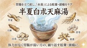 フワフワめまいや繰り返す頭痛の悩みに「半夏白朮天麻湯」を提案するアイキャッチ画像。左側にはパソコン作業中にめまいや頭痛に悩む女性が暗いモヤと「水毒」の文字とともに描かれています。中央には温かい湯気が立つ漢方薬の器が置かれ、右側ではピンク色の温かいモヤに包まれて胃腸が整い、ホッとした笑顔を浮かべる女性へと変化しています。「ストレスによる『めまい・頭痛』に」「鎮痛剤を飲む前に。胃腸から巡りを整える根本ケア」というキャッチコピーと、半夏、天麻、白朮、人参などの構成生薬のイラストが配置されています。