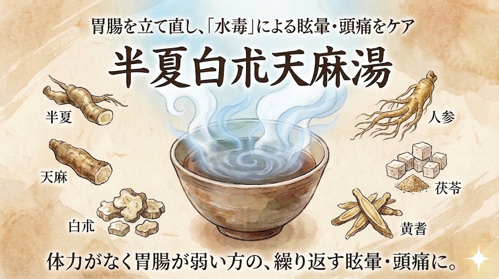 フワフワめまいや繰り返す頭痛の悩みに「半夏白朮天麻湯」を提案するアイキャッチ画像。左側にはパソコン作業中にめまいや頭痛に悩む女性が暗いモヤと「水毒」の文字とともに描かれています。中央には温かい湯気が立つ漢方薬の器が置かれ、右側ではピンク色の温かいモヤに包まれて胃腸が整い、ホッとした笑顔を浮かべる女性へと変化しています。「ストレスによる『めまい・頭痛』に」「鎮痛剤を飲む前に。胃腸から巡りを整える根本ケア」というキャッチコピーと、半夏、天麻、白朮、人参などの構成生薬のイラストが配置されています。