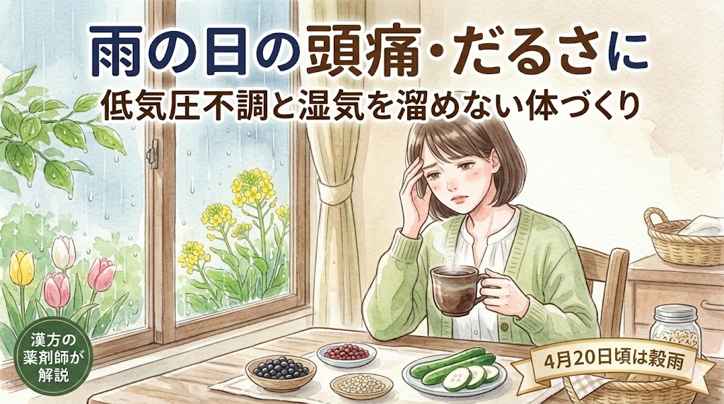 穀雨（こくう）の養生法に関するブログ記事のサムネイル。窓外の春雨と新緑を背景に、こめかみを押さえて眠そうな女性が黒豆茶のマグカップを持っている。手前のテーブルには黒豆、小豆、ハトムギ、ウリが並ぶ。「雨の日の頭痛・だるさに」「低気圧不調と湿気を溜めない体づくり」「4月20日頃は穀雨」というテキストが入っている。