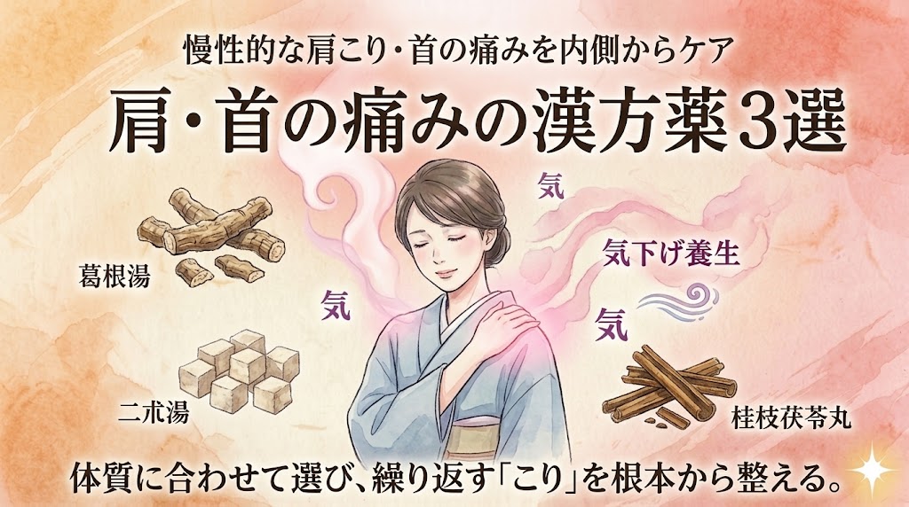 和紙のような質感の背景に、優しい和風の水彩画調イラストで描かれた、肩や首の痛みに効果的な漢方薬3選を紹介するサムネイル画像。中央には目を閉じてホッとした表情で、右手を左肩に当てた和装の女性が描かれており、肩周りから温かいピンク色の湯気が立ち上り、渦巻きや「気」という文字（気）が配置され、気血の巡りが良くなる様子が表現されている。最上部には「慢性的な肩こり・首の痛みを内側からケア」というテキスト、その下に大きく「肩・首の痛みの漢方薬 3選」というタイトル、最下部には「体質に合わせて選び、繰り返す「こり」を根本から整える。」というテキストが配置されている。女性を囲むように、左側にはテキスト「葛根湯」と葛根の乾燥根、左下にはテキスト「二朮湯」と白朮の乾燥塊（白いサイコロ状）、右下にはテキスト「桂枝茯苓丸」と桂枝の乾燥枝のイラストが添えられている。右中程には「気下げ養生」という小さなテキストがあり、右下には小さな光の星が配置されている。全体の配色はおだやかな暖色系。