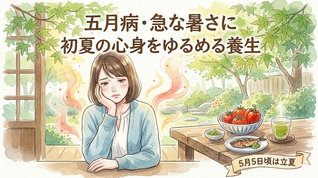 立夏の養生ブログ記事サムネイル。初夏の爽やかな緑の木陰の下、窓から差し込む光の中で、若い日本人女性（短い茶色の髪、ライトブルーのカレンディガン）が疲れた表情で頬杖をついている。彼女の周囲には Managed imbalance（管理された不調）を示すほのかな赤いオーラが漂う。彼女の前には、赤いトマトやゴーヤ、常温の緑茶が置かれた食卓がある。「五月病・急な暑さに」「初夏の心身をゆるめる養生」「5月5日頃は立夏」という文字。水彩イラスト。