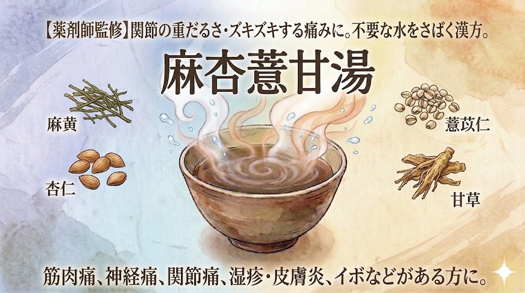 日本の伝統的な和紙風の背景を持つ、温かみのある水彩画調の漢方アイキャッチ。中央には湯気が立つ煎じ薬の器があり、その上に大きな文字で「麻杏薏甘湯」と書かれている。タイトルの上には「【薬剤師監修】」と「関節の重だるさ・ズキズキする痛みに。不要な水をさばく漢方。」と記載され、下部には「筋肉痛、神経痛、関節痛、湿疹・皮膚炎、イボなどがある方に。」という適応症が書かれている。煎じ薬の器を囲むように、以下の4つの構成生薬が水彩イラストで配置されている。左上から順に、麻黄(乾燥小枝)、杏仁(乾燥楕円形種子)、薏苡仁(乾燥丸い種子)、甘草(乾燥棒状根)。右下には様式化された。全体的に、不要な水をさばき、関節の痛みを和らげ、軽やかさを取り戻すような優しい色調と構成。