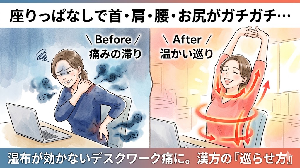 座りっぱなしによるデスクワーク痛と漢方での改善をテーマにした、Before/After形式のサムネイル画像。手書き風の優しい水彩イラスト。 画面上部には「座りっぱなしで首・肩・腰・お尻がガチガチ…」、下部には「湿布が効かないデスクワーク痛に。漢方の『巡らせ方』」というテキストが配置されている。 画面左側の「Before」は、青暗い背景の中、女性が辛そうな表情でパソコンに向かい、首や腰を押さえている。体には冷えや滞りを表す青いモヤがかかっている。 画面右側の「After」は、明るく温かい背景の中、同じ女性が笑顔で気持ちよさそうに両手を上げて伸びをしている。体の中を温かい血流が巡っている様子が、赤い光の帯で表現されている。