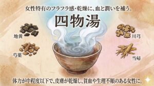 和風水彩画調で描かれた漢方薬「四物湯（しもつとう）」の解説サムネイル画像。和紙のような質感の背景に、上部には「女性特有のフラフラ感・乾燥に、血と潤いを補う。」というキャッチコピーと、中央に大きな文字で「四物湯」の名称が配置されている。中央には湯気が立ち上る煎じ薬の器があり、その周囲を4つの構成生薬（地黄、芍薬、川芎、当帰）のイラストと名称が囲んでいる。下部には「体力が中程度以下で、皮膚が乾燥し、貧血や生理不順のある女性に。」と記載されている。