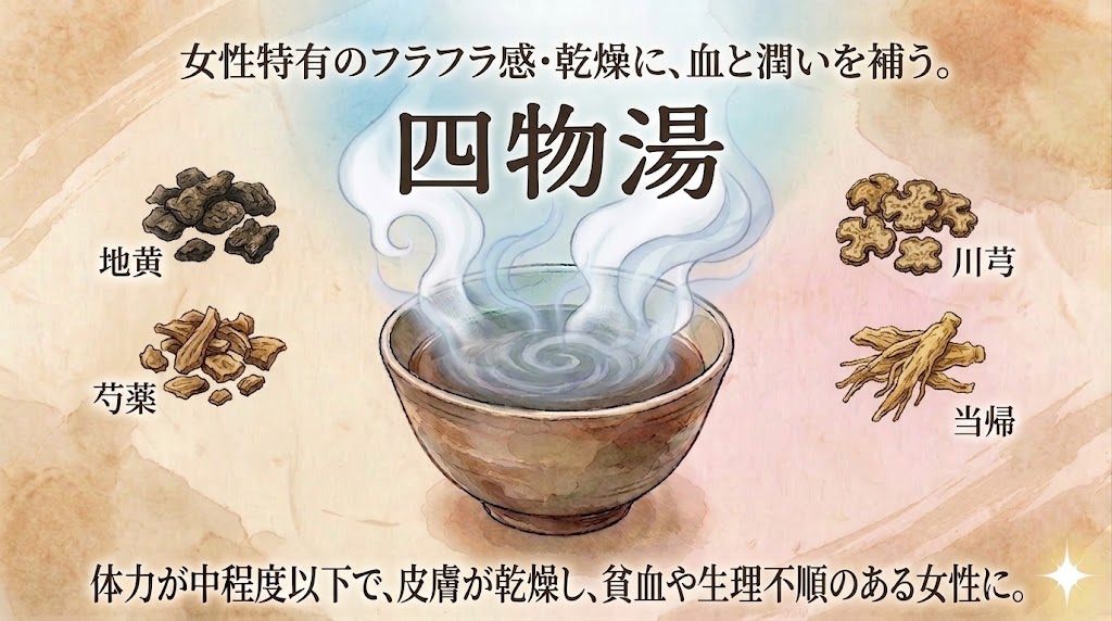 和風水彩画調で描かれた漢方薬「四物湯（しもつとう）」の解説サムネイル画像。和紙のような質感の背景に、上部には「女性特有のフラフラ感・乾燥に、血と潤いを補う。」というキャッチコピーと、中央に大きな文字で「四物湯」の名称が配置されている。中央には湯気が立ち上る煎じ薬の器があり、その周囲を4つの構成生薬（地黄、芍薬、川芎、当帰）のイラストと名称が囲んでいる。下部には「体力が中程度以下で、皮膚が乾燥し、貧血や生理不順のある女性に。」と記載されている。