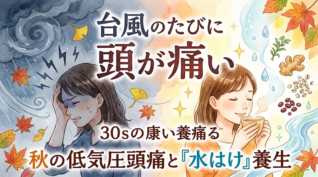 水彩画タッチで描かれたサムネイル画像。左側には台風の悪天候の中で頭痛に悩む女性、右側には温かい飲み物でリラックスする女性が対比して描かれています。「台風のたびに頭が痛い」「秋の低気圧頭痛と『水はけ』養生」というタイトルテキストが配置されています。