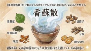 和紙のようなテクスチャの背景に、中央に大きな「香蘇散」のタイトルと湯気の立つ薬湯が入った和風の茶碗が描かれている。上部には「【薬剤師監修】魚介類による皮膚トラブルや耳の違和感に。気の巡りを整える」というキャッチコピー、下部には「胃腸が弱く、気の巡りが滞りがちな方の、魚介類による皮膚トラブル、耳の違和感に。」とある。茶碗の周囲には、左上から反時計回りに、紫蘇葉、乾燥蘇葉、陳皮、陳皮切片、甘草、香附子のイラストと名称が、それぞれの構成生薬を説明するように配置されている。