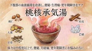 桃核承気湯の効能と構成生薬を紹介する、和紙のような背景のイラストサムネイル。 上部中央には「下腹部の血液循環を改善し、便秘・生理痛・更年期障害をケア」というキャッチコピー、中央に大きく「桃核承気湯」の文字が書かれている。 中央には、赤みを帯びた湯気が立つ漢方薬の入った和風の茶碗が描かれている。 その周囲に、以下の5つの構成生薬のイラストと名前が配置されている。 左側：桃仁（とうにん）、大黄（だいおう）、甘草（かんぞう）。 右側：桂皮（けいひ）、芒硝（ぼうしょう）。 下部には、「体力は中程度以上で、便秘、月経痛、更年期障害にお悩みの方に。」と説明が記載されている。