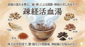 疎経活血湯の効能と構成生薬を紹介する、和紙のような背景のイラストサムネイル。 上部中央には、大きな文字で「疎経活血湯」、その上に小さな文字で「経絡の流れを整え、『痛・痺』による関節・神経の苦しみをケア」と書かれている。 中央には、湯気の立つ漢方薬の入った茶碗が描かれている。 その周囲に、以下の6つの構成生薬のイラストと名前が配置されている。 左側：羌活（きょうかつ）、当帰（とうき）、紅花（こうか）。 右側：川芎（せんきゅう）、杜仲（とちゅう）、地黄（じおう）。 下部には、「体力が中程度で、腰・膝などの関節痛、神経痛にお悩みの方に。」と説明が記載されている。