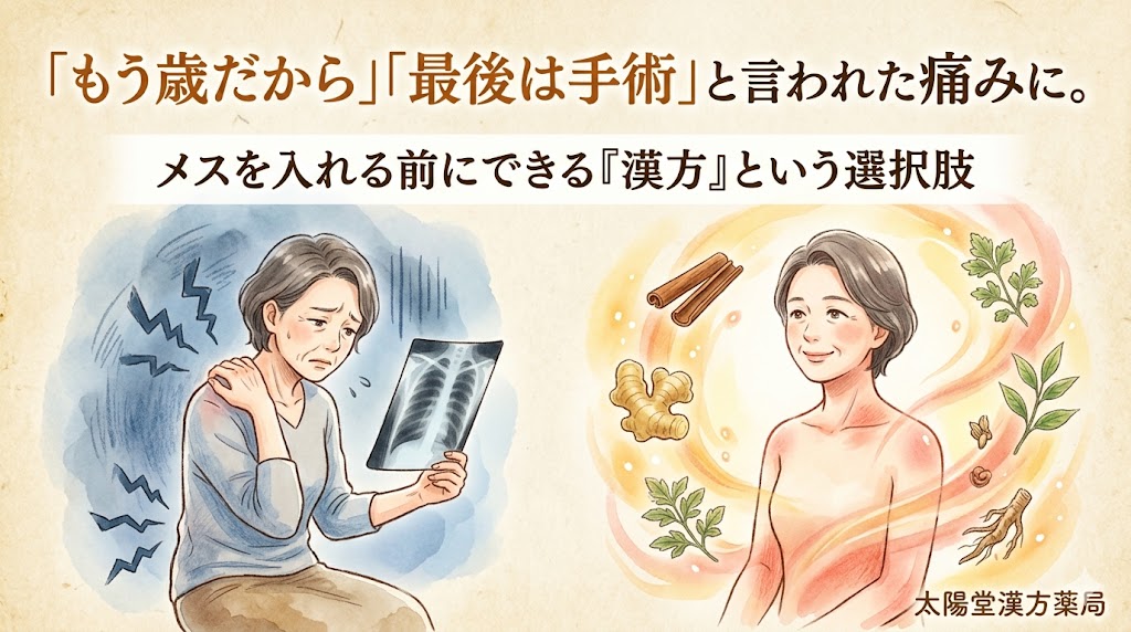 痛みに悩む女性が漢方によって健やかになる様子を描いた、水彩画調のイラスト。和紙のような質感の背景が使われている。上部には「『もう歳だから』『最後は手術』と言われた痛みに。メスを入れる前にできる『漢方』という選択肢」というテキストが配置されている。 左側には、青い寒色系の背景の中で、辛そうな表情で肩を痛がり、レントゲン写真を見つめる中年女性が描かれている。稲妻のマークが痛みを強調している。 右側には、温かい暖色系の光に包まれ、穏やかに微笑む同じ女性が描かれている。肌には血色が差しており、体の周りには桂皮、生姜、人参などの生薬のイラストが舞っている。 右下には「太陽堂漢方薬局」のロゴがある。