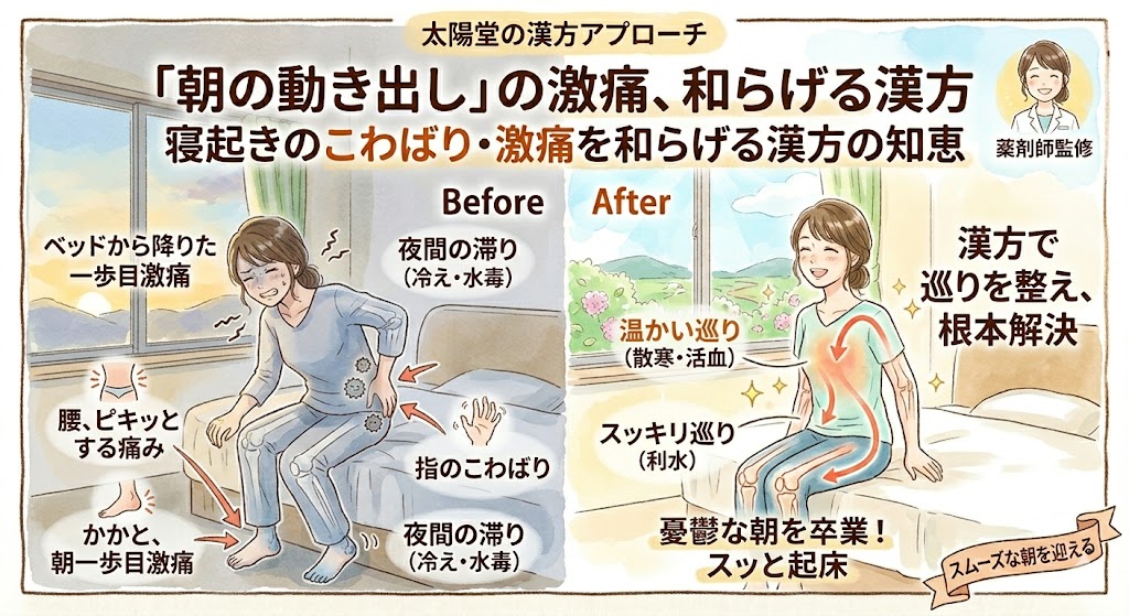 朝の動き出しの痛みを和らげる漢方をテーマにした、Before/After形式のサムネイル画像。優しい手書き風の水彩イラスト。 上部には「『朝の動き出し』の激痛、和らげる漢方」というタイトルと薬剤師のイラストが配置されている。 左側の「Before」では、女性がベッドから起き上がろうとして痛みに顔をしかめており、「腰、ピキッとする痛み」「かかと、朝一歩目激痛」「指のこわばり」といった具体的な症状と、その原因となる「夜間の滞り（冷え・水毒）」が描かれている。 右側の「After」では、同じ女性が明るい朝日に照らされて笑顔でスッキリと起き上がっており、「漢方で巡りを整え、根本解決」というメッセージと共に、「温かい巡り」「スッキリ巡り」によって体の中が整った様子が描かれている。