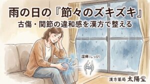 水彩画風のイラスト。窓の外は土砂降りの雨。ソファに座り、辛そうな表情で、青い痛みマークと稲妻マークのある膝を押さえる女性。上部には「雨の日の『節々のズキズキ』 古傷・関節の違和感を漢方で整える」というタイトル。中央には「湿痺（しっぴ）」という言葉と関節に水が溜まる模式図。右下には「漢方薬局 太陽堂」のロゴ。