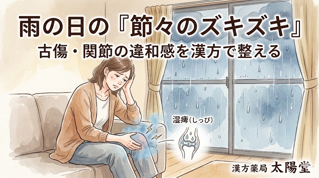 水彩画風のイラスト。窓の外は土砂降りの雨。ソファに座り、辛そうな表情で、青い痛みマークと稲妻マークのある膝を押さえる女性。上部には「雨の日の『節々のズキズキ』 古傷・関節の違和感を漢方で整える」というタイトル。中央には「湿痺(しっぴ)」という言葉と関節に水が溜まる模式図。右下には「漢方薬局 太陽堂」のロゴ。