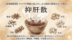 背景: 和紙のようなテクスチャ 上部テキスト（キャッチコピー）: 「【薬剤師監修】イライラや神経の高ぶりに。心と筋肉の緊張をほぐす漢方」 中央テキスト（タイトル）: 大きく力強い文字で「抑肝散」 中央のイラスト: 湯気が立ち上る、温かい漢方薬が注がれた和風の茶碗 周囲の生薬イラスト（6枠に配置）: 左側: 柴胡（さいこ）、釣藤鈎（ちょうとうこう）、当帰（とうき） 右側: 川芎（せんきゅう）、白朮（びゃくじゅつ）、茯苓（ぶくりょう） 下部テキスト（ターゲット層・効能）: 「体力中等度をめやすとして、神経がたかぶり、怒りやすい、イライラなどがある方の神経症や不眠症などに。」