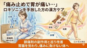 痛み止め（鎮痛剤）の副作用で胃を押さえて苦しむ女性が、漢方（生薬）の温かい巡りによって胃腸が整い、笑顔で元気に歩く姿へと変わる様子を描いたイラスト。「『痛み止めで胃が痛い…』ロキソニンを手放した方の漢方ケア」「鎮痛剤の副作用と巡り改善 胃腸を労わり、痛みに負けない体へ」というテキストが添えられています。 SEO対策として、検索エンジンに画像の内容（鎮痛剤の副作用、胃痛、漢方ケアなど）を正確に伝える構成にしています。