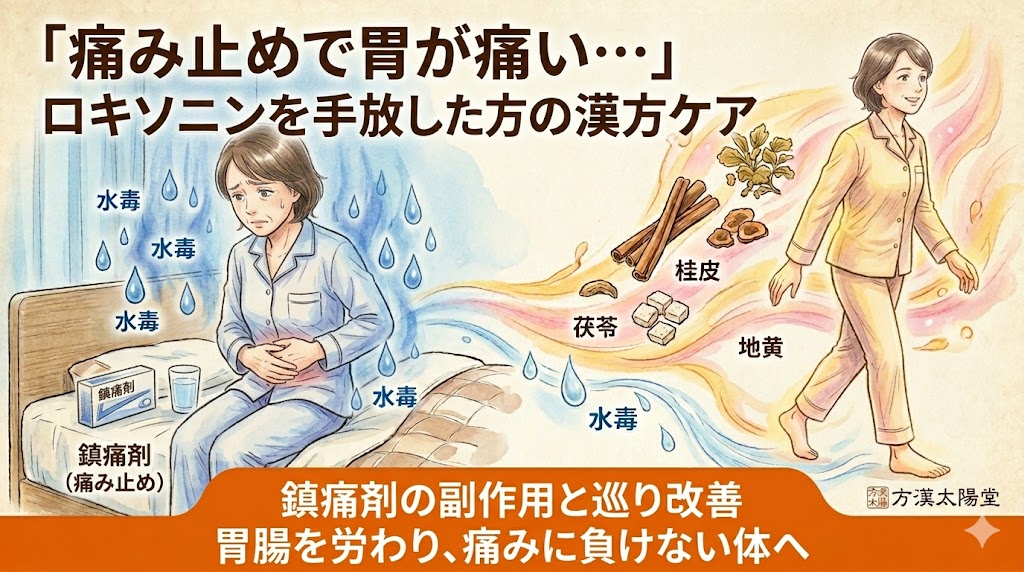 痛み止め（鎮痛剤）の副作用で胃を押さえて苦しむ女性が、漢方（生薬）の温かい巡りによって胃腸が整い、笑顔で元気に歩く姿へと変わる様子を描いたイラスト。「『痛み止めで胃が痛い…』ロキソニンを手放した方の漢方ケア」「鎮痛剤の副作用と巡り改善 胃腸を労わり、痛みに負けない体へ」というテキストが添えられています。 SEO対策として、検索エンジンに画像の内容（鎮痛剤の副作用、胃痛、漢方ケアなど）を正確に伝える構成にしています。