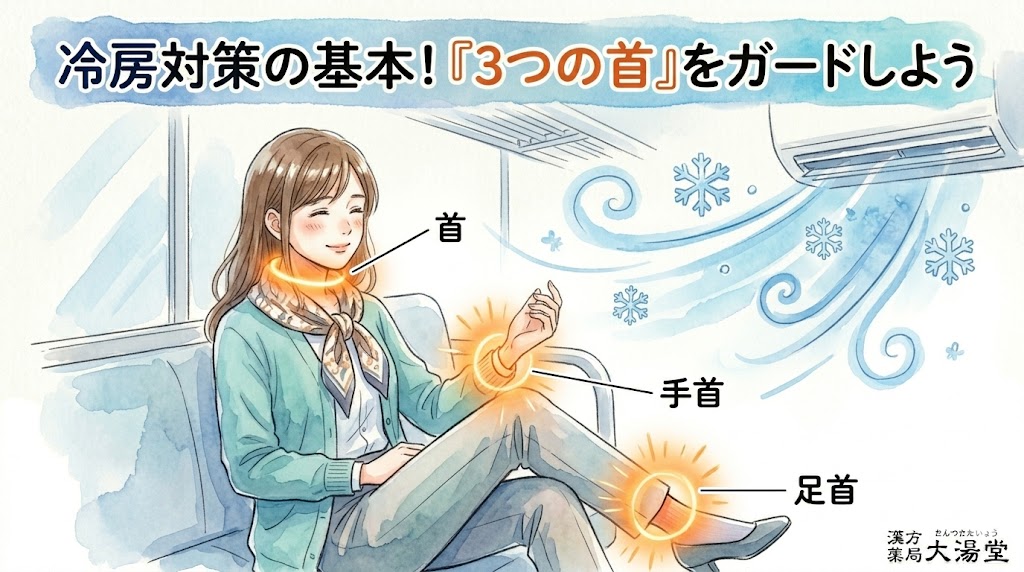 冷房対策の基本となる「3つの首」の温め方を解説する水彩イラスト。ストールやカーディガン、靴下を身につけた女性が描かれ、「首」「手首」「足首」の3箇所がポカポカとしたオレンジ色の光で強調されている。外からの冷房の風(青い冷気)をしっかり防いで快適そうにしている様子。上部に「冷房対策の基本!『3つの首』をガードしよう」の文字。右下に「漢方薬局 太陽堂」のロゴ。