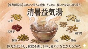和紙のような質感の背景を持つ、温かみのある水彩画調の漢方アイキャッチ。中央には温かい湯気が立ち上る煎じ薬の器が配置されている。その上に、大きな黒い筆文字で「清暑益気湯」と書かれている。上部には「【薬剤師監修】抜けない暑さの疲れ・だるさに。潤いと元気を補う漢方。」という小さな文字が、下部には「体力が低下し、食欲不振、下痢、夏バテなどがある方に。」という文字が、それぞれ配置されている。中央の煎じ薬を囲むように、以下の8つの構成生薬が水彩イラストで配置されている。左上から順に、人参（乾燥根）、五味子（乾燥した赤い果実）、陳皮（乾燥したミカンの皮）、甘草（乾燥した棒）、黄柏（乾燥した黄金色の皮）、麦門冬（乾燥した塊根）、当帰（乾燥したスライス）、黄耆（乾燥したスライス）。右下には様式化された星のような光のアイコンが配置されている。全体的に、暑さから解放され、元気を取り戻すような優しい色調と構成。