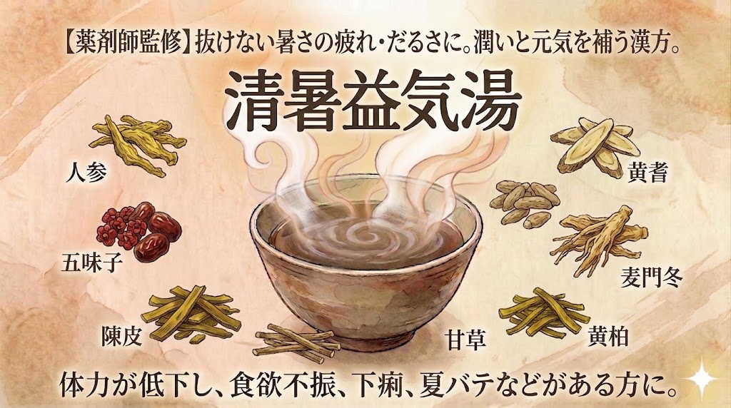 和紙のような質感の背景を持つ、温かみのある水彩画調の漢方アイキャッチ。中央には温かい湯気が立ち上る煎じ薬の器が配置されている。その上に、大きな黒い筆文字で「清暑益気湯」と書かれている。上部には「【薬剤師監修】抜けない暑さの疲れ・だるさに。潤いと元気を補う漢方。」という小さな文字が、下部には「体力が低下し、食欲不振、下痢、夏バテなどがある方に。」という文字が、それぞれ配置されている。中央の煎じ薬を囲むように、以下の8つの構成生薬が水彩イラストで配置されている。左上から順に、人参(乾燥根)、五味子(乾燥した赤い果実)、陳皮(乾燥したミカンの皮)、甘草(乾燥した棒)、黄柏(乾燥した黄金色の皮)、麦門冬(乾燥した塊根)、当帰(乾燥したスライス)、黄耆(乾燥したスライス)。右下には様式化された星のような光のアイコンが配置されている。全体的に、暑さから解放され、元気を取り戻すような優しい色調と構成。