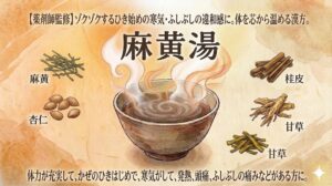 和風水彩画調で描かれた漢方薬「麻黄湯（まおうとう）」の解説サムネイル画像。和紙風の背景の中央に湯気の立つ煎じ薬の器があり、上に大きな文字で「麻黄湯」と書かれている。上部には「【薬剤師監修】ゾクゾクするひき始めの寒気・ふしぶしの違和感に。体を芯から温める漢方。」というコピー、下部には「体力が充実して、かぜのひきはじめで、寒気がして、発熱、頭痛、ふしぶしの痛みなどがある方に。」と記載されている。器の周りには4つの構成生薬（麻黄、杏仁、桂皮、甘草）のイラストが配置されている。