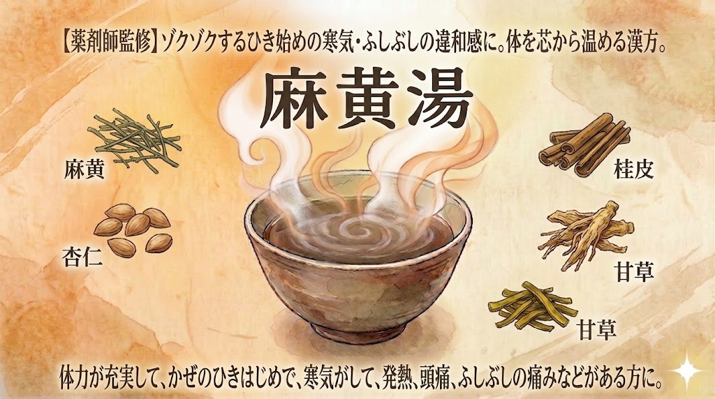 和風水彩画調で描かれた漢方薬「麻黄湯(まおうとう)」の解説サムネイル画像。和紙風の背景の中央に湯気の立つ煎じ薬の器があり、上に大きな文字で「麻黄湯」と書かれている。上部には「【薬剤師監修】ゾクゾクするひき始めの寒気・ふしぶしの違和感に。体を芯から温める漢方。」というコピー、下部には「体力が充実して、かぜのひきはじめで、寒気がして、発熱、頭痛、ふしぶしの痛みなどがある方に。」と記載されている。器の周りには4つの構成生薬(麻黄、杏仁、桂皮、甘草)のイラストが配置されている。