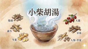 和紙のようなテクスチャの背景に、漢方薬「小柴胡湯」の構成生薬を紹介するイラスト図解。 中央上部に大きく「小柴胡湯」の文字があり、その下に湯気の立つ漢方薬の入った和風の茶碗が描かれている。 その周囲に、構成生薬のイラストが名称とともに配置されている。 左側:上から柴胡(さいこ)、黄芩(おうごん)、生姜(しょうきょう)。 右側:上から大棗(たいそう)、甘草(かんぞう)、人参・半夏(にんじん・はんげ)。