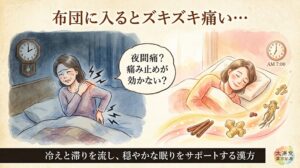 古紙風の背景に水彩タッチで描かれたバナー画像。上部に「布団に入るとズキズキ痛い…」のコピー。左側には午前2時を示した時計があり、青暗い寝室で肩や腰を押さえて痛みに耐える女性の姿。中央には「夜間痛?痛み止めが効かない?」の吹き出し。そこへ右側から生薬(桂皮や生姜など)を乗せた温かい黄金色とピンク色のオーラが流れ込み、右側では女性がほんのり赤みを帯びた穏やかな表情で朝7時までぐっすり眠っている様子が対比で描かれている。下部には黒帯に白文字で「冷えと滞りを流し、穏やかな眠りをサポートする漢方」というテキストと、右下に太陽堂漢方薬局のロゴが配置されている。