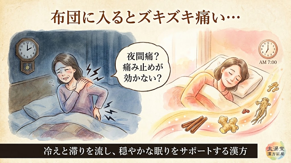 古紙風の背景に水彩タッチで描かれたバナー画像。上部に「布団に入るとズキズキ痛い…」のコピー。左側には午前2時を示した時計があり、青暗い寝室で肩や腰を押さえて痛みに耐える女性の姿。中央には「夜間痛？痛み止めが効かない？」の吹き出し。そこへ右側から生薬（桂皮や生姜など）を乗せた温かい黄金色とピンク色のオーラが流れ込み、右側では女性がほんのり赤みを帯びた穏やかな表情で朝7時までぐっすり眠っている様子が対比で描かれている。下部には黒帯に白文字で「冷えと滞りを流し、穏やかな眠りをサポートする漢方」というテキストと、右下に太陽堂漢方薬局のロゴが配置されている。