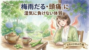 芒種の養生ブログ記事サムネイル。深緑の葉の間をシトシトと降る春の雨を背景に、窓辺に濡れた紫陽花が咲く。中央の若い日本人女性（短い茶色の髪、ライトグリーンのカレンディガン）が、頬に手を当てて少しだるそうな表情。彼女の周囲には Managed imbalance（管理された不調）のエフェクトが漂う。彼女の手前の木のテーブルには、とうもろこしのヒゲ茶とそら豆が並ぶ。「梅雨だる・頭痛に」「湿気に負けない体体質」「6月6日頃は芒種」という文字。水彩イラスト。